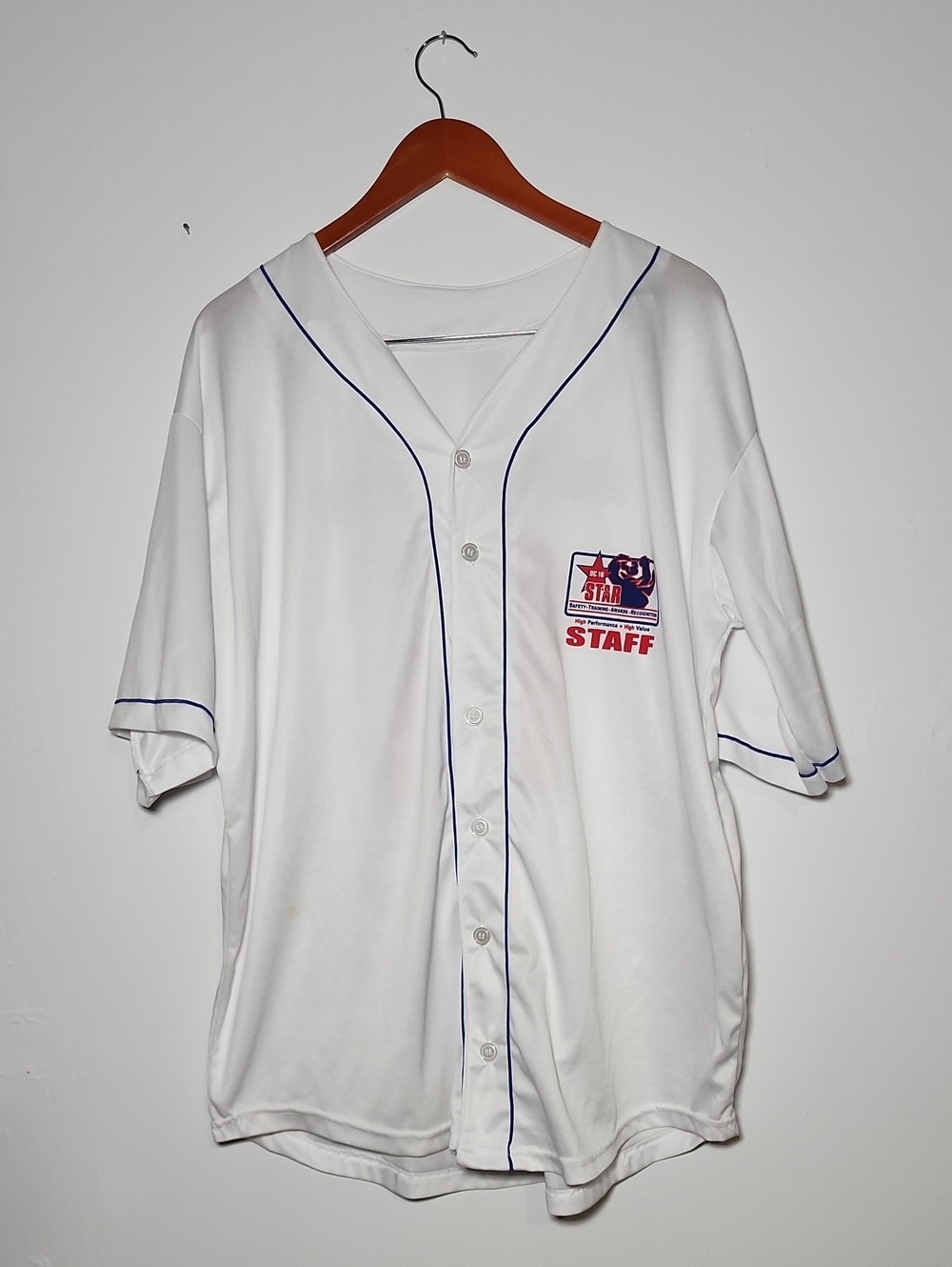 White Staff Baseball Jersey with Navy Piping